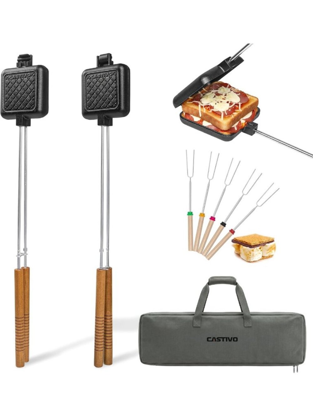 Cast Iron Mountain Pie Maker Set - 2-Pack with Storage Bag & 5 S'mores Sticks
